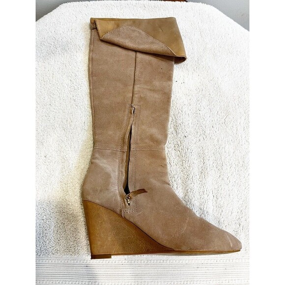 Zara Beige Suede Leather Wedge Tall Boot Women's 40 Heeled Fold Over Zipped - Picture 6 of 10